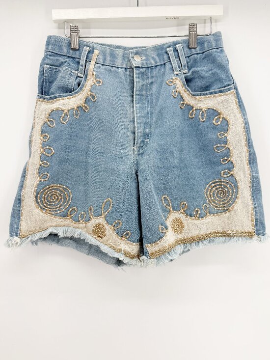 Jou Jou Pants - Jou Jou Vtg 80s Denim Fringe Embroidered Long Shorts sz 11/12